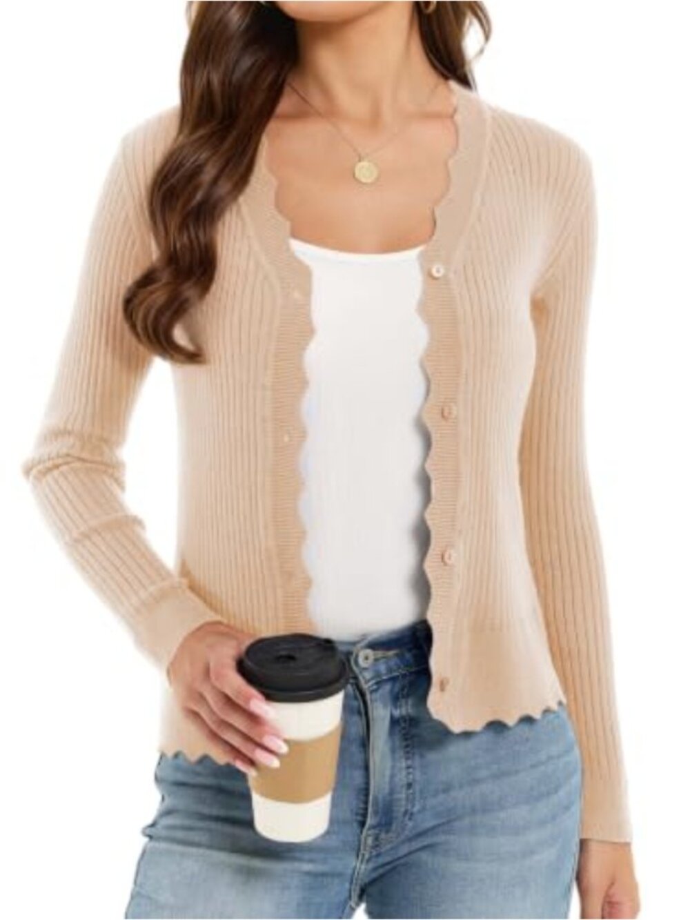 Scalloped V Neck Button Down Ribbed Knit Cardigan